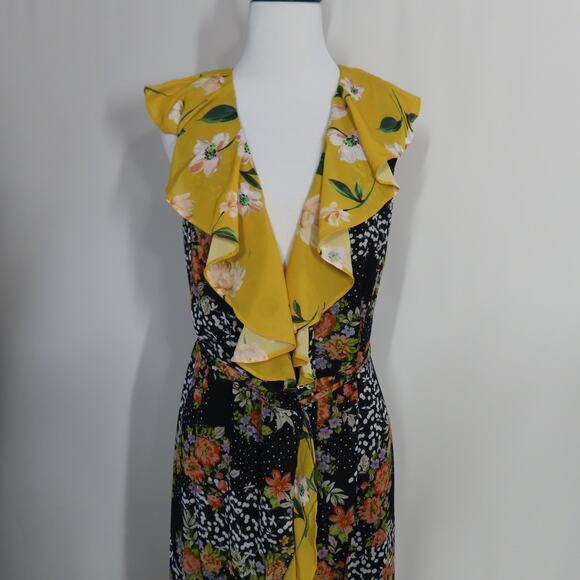 Yumi Kim Black Midnight Magic Nantucket Wrap Dress with Yellow Ruffle Hem Small - Picture 2 of 9